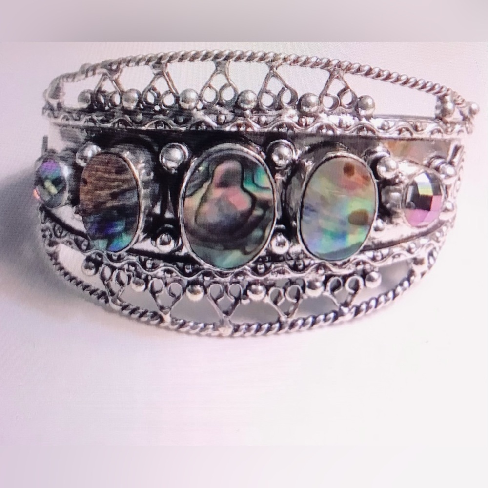 Mystic Topaz Abalone Stamped 925 Sterling Silver Cuff Bracelet